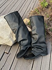 economico Infradito da Vacanza-Stivali alti fino al ginocchio in pelle nera da donna: un tocco di stile audace per festival musicali ed eventi di street style