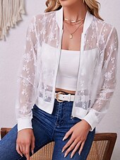 cheap Blazers &amp; Suits-Women&#039;s Bomber Jacket Breathable Comfortable Lace Patchwork Zipper Elegant Casual Plain Street Casual Daily Wear Zipper Short Stand Collar Regular Fit Long Sleeve Outerwear White Summer