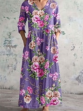 cheap Floral Dress-Women&#039;s Midi Dress A Line Dress Casual Outdoor Going out Loose Fit Floral Graphic 3/4 Length Sleeve V Neck Red Blue Purple Green Summer Spring Fall