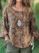 levne Dámské boho topy-Dámské Halenka Květinový Grafika Kašmírový vzor Elegantní stylové 3/4 délka rukávu Tričkový Úzký výstřih Běžné topy Denní Dovolená Tisk Hnědá Trávová zelená Khaki Jaro Podzim