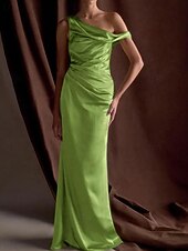 cheap Long Dresses &amp; Gowns-Mermaid / Trumpet Evening Gown Elegant Dress Formal Semi Formal Wedding Floor Length Sleeveless One Shoulder Off Shoulder Satin with Drapes