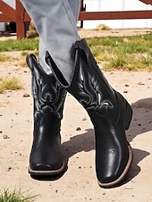 abordables Cowboy et bottes occidentales-bottes de cowboy mi-mollet brodées pour femmes, bottes western en similicuir pour les travaux agricoles, les célébrations des récoltes et les événements rustiques en plein air