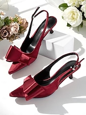 baratos cocktail-sapatos femininos de salto alto de cetim vermelho, bico fino e laço grande para eventos formais e ocasiões noturnas