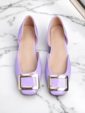 tanie Buty na płaskim obcasie damskie-damskie czarne lakierowane baleriny ze złotą klamrą, elegancki kwadratowy nosek, buty wsuwane do biura i na co dzień