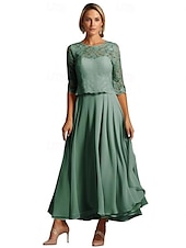 preiswerte Bodenlänge-A-Linie Brautmutterkleid Elegant Einfach Rundhalsausschnitt Knöchellänge Polyester Halbarm mit Falten Einfarbig 2025