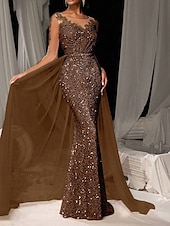 cheap Evening Dresses-Brown Mermaid / Trumpet Evening Gown Elegant Dresse Embroidered Lace Applique Formal Wedding Floor Length Long Sleeve Crew Neck Tulle with Sequin Skirt