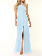 baratos Vestidos para Madrinhas-Vestido de dama de honra sereia/trompete, decote halter, sem mangas, elegante, longo, chiffon, com fenda frontal 2025