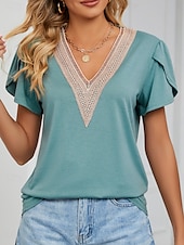 ieftine tricou simplu-Pentru femei Tricou Simplu Modă Stilat Clasic Manșon scurt În V Topuri obișnuite Zilnic Sfârșit de săptămână Peteci Verde Deschis Albastru piscină Trifoi Gri Vară Primăvară