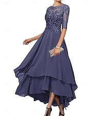 abordables Longueur du thé-Ligne A Robe de Mère de Mariée  Élégant Simple Col Bateau Asymétrique Polyester Demi Manches avec Couleur Unie 2025