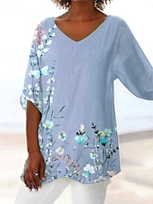 billige Blomstrete topper-Dame Bluse Blomstret Grafisk Blad Hawaiisk Stilfull Fritid 3/4 ermer V-hals Vanlige topper Daglig Ferie Ut på byen Trykt mønster Asymetrisk kant Lysegrønn Lilla Lyseblå Sommer Vår Høst