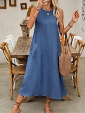preiswerte Weißes Kleid-Damen Maxikleid A Linie Kleid Sommerkleid Lässig Täglich Normale Passform Einfach Ärmellos Rundhalsausschnitt Wein Blau Braun Grün Sommer