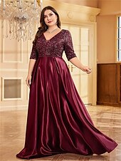 economico ROSSO-A-Line Taglie Forti Abiti Elegante Curve Abito Formale Matrimonio Lunghezza Piena Manica Mezza V Collo Poliestere con Pieghe 2025