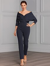 voordelige Mama&amp;#39;s jumpsuits-Twee-delige Jumpsuit Moeder van de Bruid Formele Bruiloft Gast Elegante Feest Scoop Hals Off Schouder Enkele Lengte Rekbare Stof 3/4 Lange Mouw met Ceintuur  Riem 2025