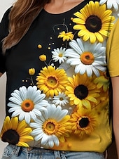 abordables T-shirt floral-Femmes T-shirt Fleuri Graphique Plantes ancien Élégant Classique Manche Courte Col ras du cou Col rond Hauts Réguliers Quotidien Imprimé Noir et blanc Jaune Bleu Violet Fuchsia Été Printemps