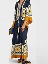 billige Boho-kjoler-Dame Lang kjole Maxikjole Swingkjole Print kjole Klassisk Moderne utendørs Ut på byen Normal Blomsternål i krystall Langermet V-hals Svart Hvit Rosa Mørkeblå Høst