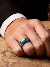 economico Gioielli da uomo-Anello da uomo in acciaio inossidabile con intarsio turchese blu, fascia lucida comfort fit, gioiello in stile western da indossare ogni giorno, matrimoni o regali