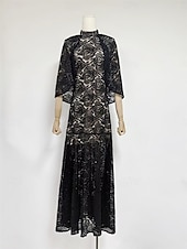 abordables JAUNE-Sirène / Trompette Robe de Soirée Élégant Robe Formel Mariage Longueur au sol Manche Courte Col haut Dentelle avec Châle 2025