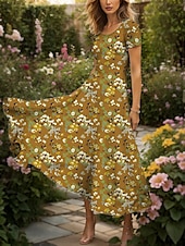 cheap Floral Dress-Women&#039;s Maxi Dress Knit Dress Casual Dress Sundress A Line Dress Elegant Vacation Casual Regular Fit Floral Graphic Short Sleeve Square Neck Yellow Red Blue Purple Summer