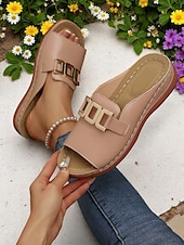 cheap Slide Sandals-Women's White Faux Leather Slide Sandals with Gold Buckle Casual Style for Garden Walks Vacation and Daily Errands