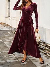 abordables Robe blanche-Femmes Robe maxi Robe Portefeuille Robe trapèze Occasionnel Quotidien Coupe régulière Uni manche longue Col en V Noir Rouge Vert Automne Hiver