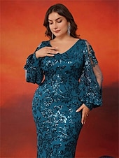 economico BLU-Abiti da Mare  Tromba Taglia Plus Elegante Abito Curve Formale per Matrimonio Lunghezza Della Terra Manica Lunga Collo A V In Paillettes con Paillettes 2025