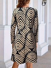 ieftine Rochie cu dungi și geometrică-Pentru femei Rochie Mini Rochie casual Rochie A line Stilat Casual Fit regulat Grafic Geometric Manșon Lung În V Maro Primăvară Toamnă