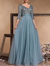 baratos AZUL-Vestido de Gala em A Vestido Elegante Formal Casamento Comprimento do Chão Manga 3/4 Decote em V Com Lantejoulas com Lantejoulas