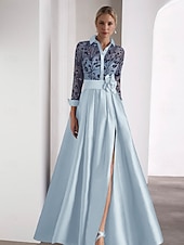 cheap GREEN-Green Blue  Embroidered A-Line Evening Gown Elegant Dress Formal Wedding Guest Floor Length Long Sleeve Shirt Collar Satin with Glitter Slit 2025
