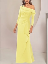 abordables Longueur du plancher-Robe mère de la mariée A-Line invitée de mariage élégante fête hors épaule longueur de sol tissu extensible manches longues avec volants fronces couleur unie taille sur mesure gratuite