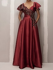 cheap Evening Dresses-Rust A-Line Evening Gown Elegant Dress Formal Wedding Floor Length Ruffle Short Sleeve Satin with Beaded Lace Applique and Pockets 2025