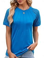 preiswerte Einfarbiges T-Shirt-Damen T Shirt Einfach Mode Stilvoll Klassisch Kurzarm Rundhalsausschnitt Normale Oberteile Täglich Wochenende Patchwork Weiß Rosa Blau Khaki Sommer