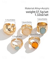 billige Kvinneringer-Damesett med vintage edelstener i gull – sett med flere statement-ringer med klumpete tekstur og fargerike harpiks-edelstener, egnet for kontor, vintage-mote, fest og hverdagsstil