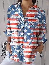 voordelige Bloemen tops-Amerikaanse onafhankelijkheidsdag Dames Overhemd Grafisch Vlag Dagelijks Stijlvol Casual Lange mouw Overhemdkraag Normale tops Dagelijks Feestdagen Knop Afdrukken Wijn Rood blauw Zomer Lente