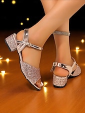 abordables Fiesta Nocturna-Sandalias de tacón cuadrado con purpurina en oro rosa para mujer: zapatos de fiesta brillantes con punta abierta y correa en el tobillo para eventos nocturnos y clubes.