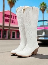 levne Cowboy &amp; Western Boots-Dámské hnědé kovbojské kozačky po kolena v západním stylu - vyšívané natahovací jezdecké boty z umělé kůže s blokovými podpatky na country koncerty, rančové outfity a podzimní outfity