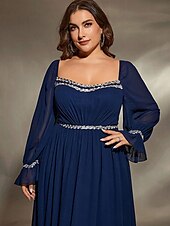 preiswerte BLAU-A-Linie Abendkleid Elegant Kleid Formell Hochzeit Bodenlang Langarm Quadrathals Chiffon mit Falten 2025