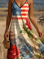 ieftine Rochie de Ziua Independenței-Rochie maxi patriotică pentru femei rochie în linie A rochie tip slip pentru vacanță casual grafic cu steagul american fără mâneci cu decolteu în V bretele spaghetti galben deschis roșu bleumarin
