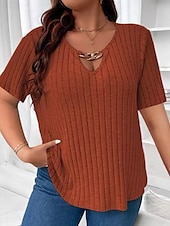 ieftine Tricouri Mărime Plus-Pentru femei Plus Size Topuri Tricou Culoare solidă Peteci Manșon scurt În V Modă Șic Stradă Casual Zilnic Sfârșit de săptămână Împletit Vară Albastru regal Maro