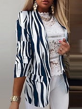 billiga Blazers och kostymer-Dam Kavaj Bekväm Andningsfunktion Ficka Mönster Ledigt Geometrisk Kontor Gata Ledigt Dagliga kläder Öppen front Normal Nedvikt Normal Långärmad Ytterkläder Svart Vit Rodnande Rosa Sommar Vår