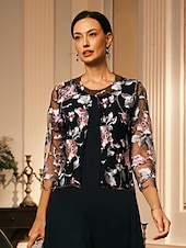 preiswerte Elegante Oberteile-Damen Blazer Leicht Spitze Bestickt Elegant Blumen Formell Kurz Rundhalsausschnitt Lässiger Schnitt Dreiviertelarm Oberbekleidung Schwarz Sommer Frühling