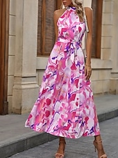abordables Robes Boho-Femmes Robe maxi Robe trapèze Occasionnel Extérieur Sortir Coupe régulière Fleuri Sans manches Col Halter Rose Claire Bleu Marron Abricot Été