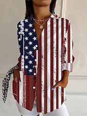 cheap Independence Day Top-Independence Day Women&#039;s Patriotic Fourth of July Shirt Graphic Flag Vintage Tropical Stylish Long Sleeve Shirt Collar Regular Tops Work Daily Buttons Print Black White Red Light Blue  Fall