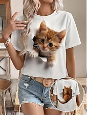 abordables T-shirt Animaux-Femmes T-shirt Graphique Animal Chat ancien Élégant Classique Manche Courte Col ras du cou Col rond Hauts Réguliers Quotidien Week-end Imprimé Noir Blanche Bleu Dorée Vert Été Printemps