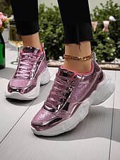 baratos Festa da Vida Noturna-Tênis plataforma chunky com glitter feminino e acabamento metálico, calçados de festa com cadarço da moda para vida noturna e balada