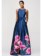 cheap FLORALS-Blue A-Line Evening Gown Elegant Dress Formal Wedding Floor Length Sleeveless High Neck Pocket Satin with Floral Print