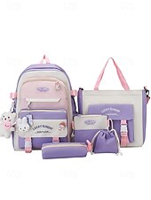 billiga Högskoleryggsäckar-5-i-1 skolryggsäcksset med plyschberlocker, lätt nylon, kawaii-stil, för flickor och tonåringar, perfekt för skolan och dagligt bruk
