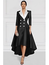 preiswerte Bodenlänge-Schwarz-weiß Blazer Dress A-Linie Mutter der Braut Kleid Elegant Revers Asymmetrisch Knöchellang Satin Langarm mit Farbkombination