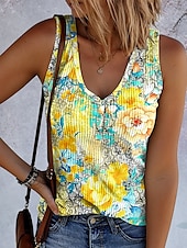 billige Boho tank topp-Dame Camisole Tank Top Grafisk Geometrisk Årgang Stilfull Etnisk Ermeløs V-hals Vanlige topper Daglig Trykt mønster Gul Blå Lilla Grønn Sommer Vår