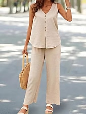 abordables Ensembles chemisiers pour femmes-Femmes Mode Streetwear Quotidien Ensembles de Pantalons Sans manches Col en V Uni Occasionnel Quotidien Noir bleu marine Vert Été Coupe Ample