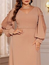 preiswerte BLAU-A-Linien Plus Size Kleider Elegantes Kurvenkleid Formelles Hochzeitsbodenlänges Langärmel V-Ausschnitt Chiffon mit Perlen 2025